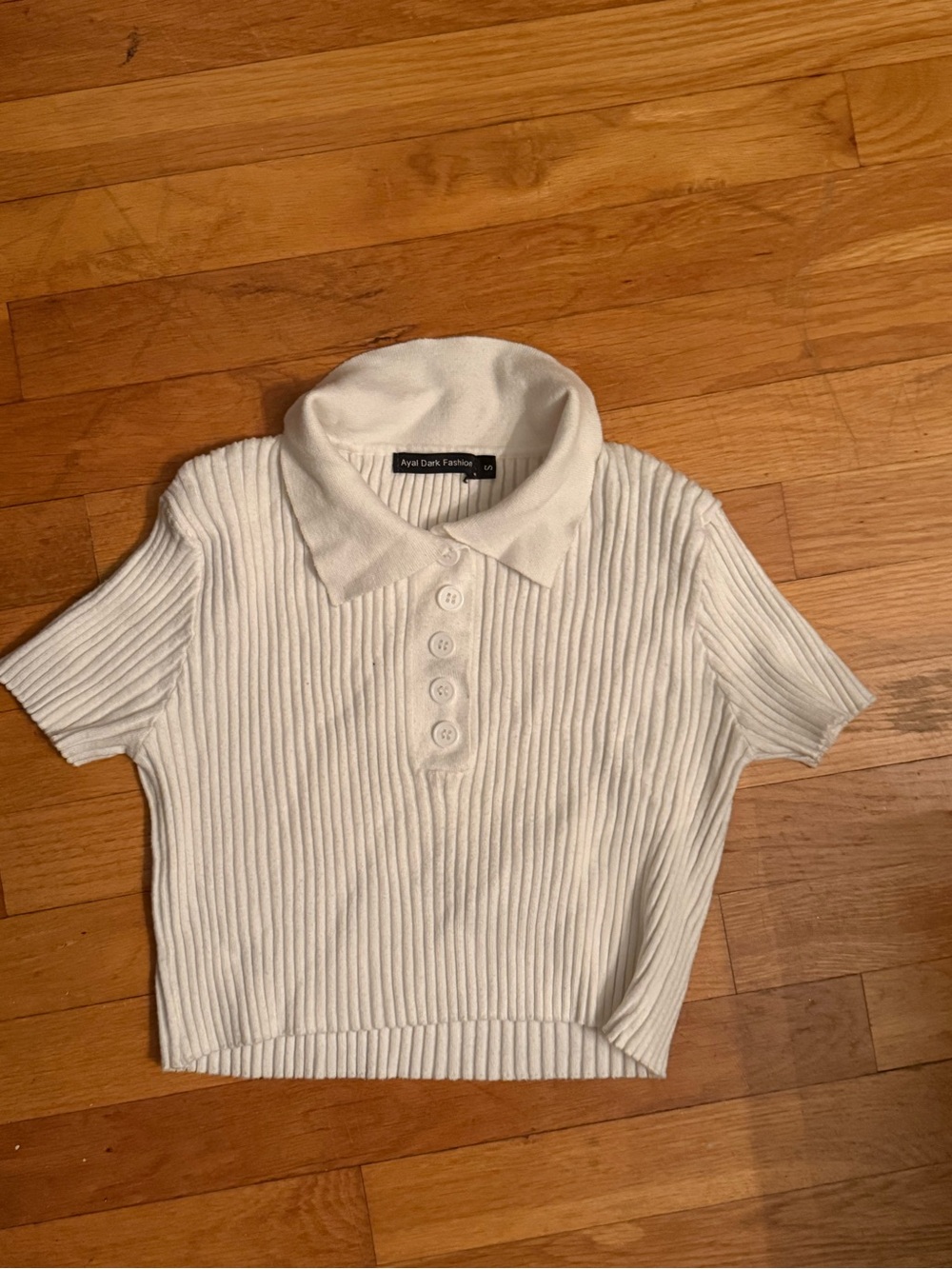 White Ribbed Polo Top with Button Placket